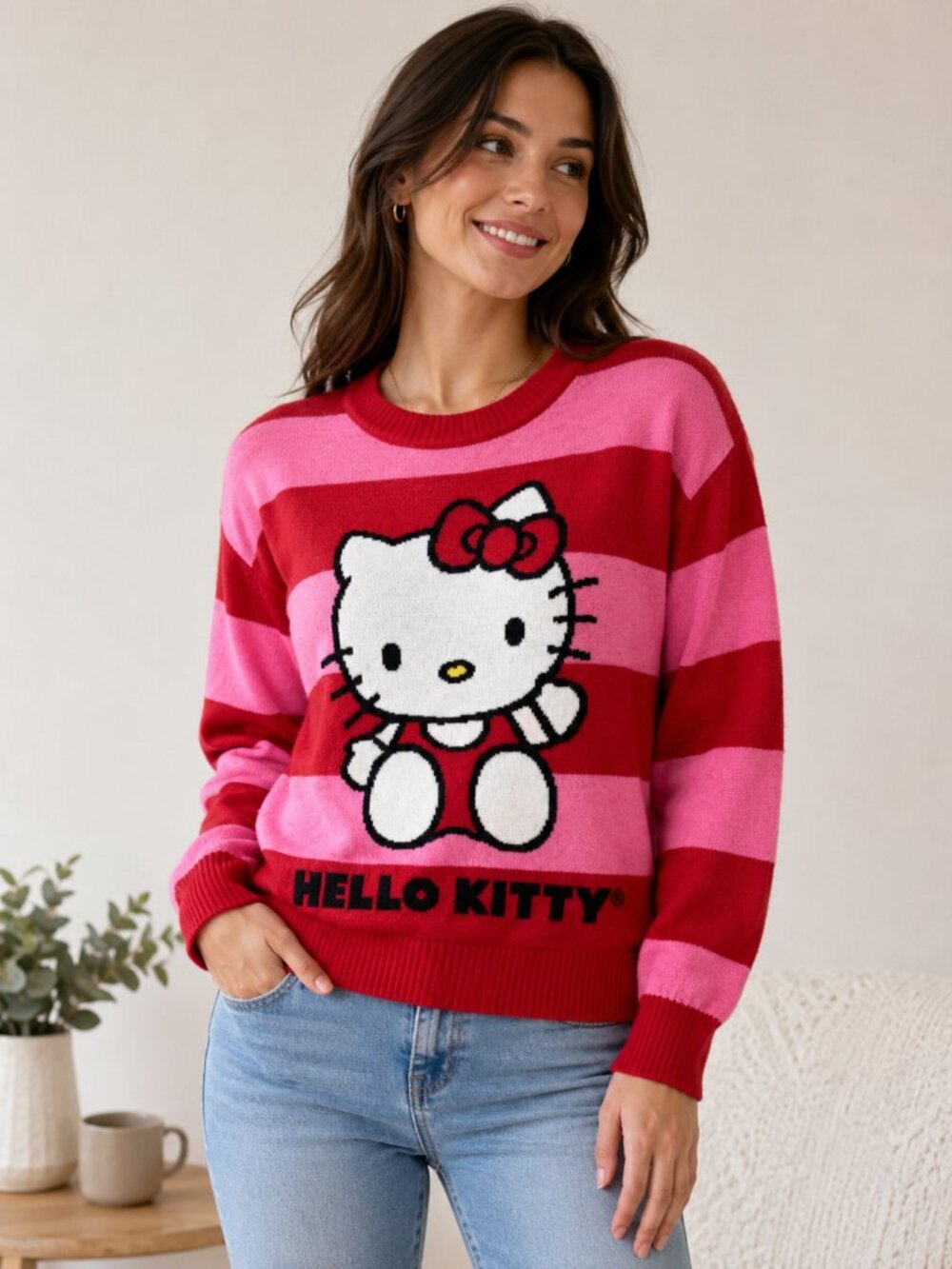 Sanrio Hello Kitty Red & Pink Striped Knit Sweater – Size M